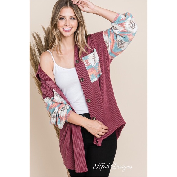 ❤️LAST! Wine Aztec Contrast Plush Oversized Button Up Jacket! - Picture 7 of 11